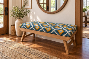 Banco de Madera Tejido a Mano con Lana y Yute, Tapizado Geométrico Azul Mostaza, Estilo Boho Rústico para Entrada, Dormitorio o como Banco Decorativo - Product Image 4