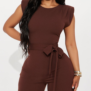 Mono de mujer marrón sin mangas de cintura alta con cinturón, ajuste holgado, largo completo, estilo minimalista, para todas las estaciones, el más vendido - Product Image 4