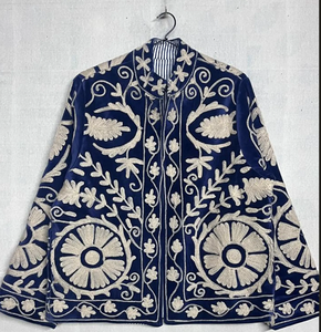RAJASTHANI TEXTILE Deep blue Embroidered Leather <b>Jacket</b> Ladies Reversible Autumn Coat Floral Suzani Embroidery Quilted Bomber - Product Image 3