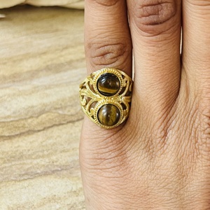 Hot Selling Double Stone Tiger Eye Brass <b>Ring</b> 18k Gold Plated <b>Chunky</b> Filigree Texture <b>Ring</b> Handmade Statement Wholesale <b>Ring</b> - Product Image 4