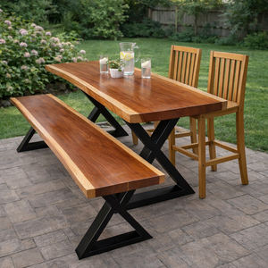 Banco de Madera Natural con Borde Natural de Suar/Monkey Pod, Patas de Metal, Madera Maciza, Duradero, Moderno, Ecológico, Diseño Plegable, para Sala de Estar - Product Image 4