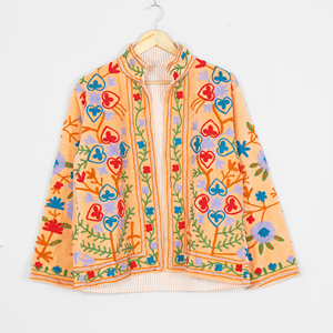 Chaqueta Reversible Acolchada de Terciopelo para Mujer, con Bordado de Cadena, Cuello Redondo, Manga Regular, Estilo Bohemio Floral, Otoño Invierno - Product Image 5