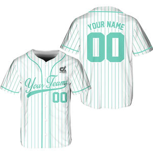Maillot de baseball blanc à fines rayures menthe et turquoise, boutonné, uniforme d'équipe avec nom et numéro personnalisés, style professionnel, vente en gros - Product Image 1