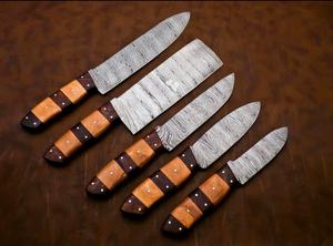 Couteaux de chef Damas faits main de haute qualité, 5 pièces, avec manche personnalisé et étui en cuir, pour usages multiples et respectueux de l'environnement - Product Image 1