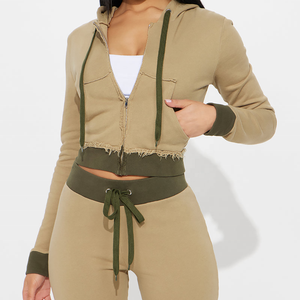 Custom Print Cotton Casual <b>Women's</b> <b>Khaki</b> Cropped Hoodie With Olive Trim 2Piece Set Full Sleeve Knitted Loose Fit Distressed Set - Product Image 3
