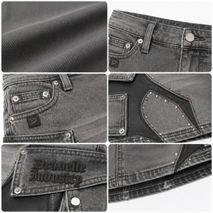Gothic Armor Denim <b>Skirt</b> for Women, <b>Silver</b> Grey Low Rise Cargo <b>Mini</b> <b>Skirt</b> with Rhinestones, Streetwear Utility Style - Product Image 4