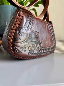 100% Genuine Leather Bohemian Florals Hand Tooling Lady Lightweight <b>Shoulder</b> Crossbody Bag Cover Closure Single <b>Strap</b> Sling Bag - Product Image 5