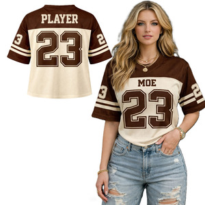 Camiseta Deportiva Personalizada de Fútbol Americano Marrón para Mujer, Cuello en V, Estilo Retro a Rayas, Top Corto de Malla Holgado de Manga Corta para Adultos - Product Image 1