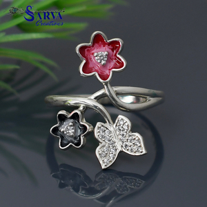 Enamel Floral Butterfly <b>Ring</b> 925 <b>Sterling</b> <b>Silver</b> CZ Accents Colorful Flower Design <b>Adjustable</b> Statement <b>Ring</b> Elegant Nature - Product Image 3