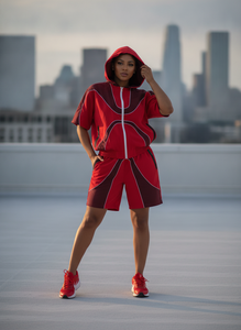 <b>Boys</b> Red Color Blocking Tracksuit Set Short Sleeve Hooded Zipper Sporty Shorts Quick Dry Polyester Autumn Wear - Product Image 5