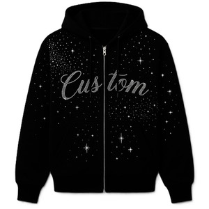 Sweat à capuche unisexe noir 100 % coton avec impression personnalisée de strass, fermeture éclair, coupe classique, pour l'automne - Product Image 1