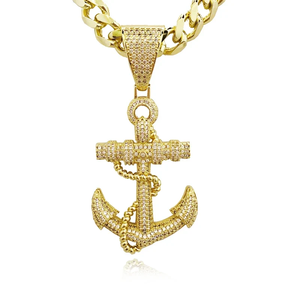 Collier Pendentif Hip Hop Ancres Bling Glacées CZ, Breloque Marin Nautique, Chaîne Maille Cubaine Or Argent, Bijoux Rapper Homme Femme - Product Image 1