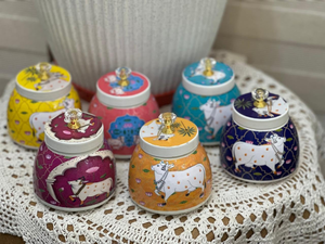 Set 6 4-Inch Enamel Printed Pichwai Cow Jars Glossy Finish Dishwasher <b>Safe</b> <b>Large</b> Capacity Decorative Metal Storage Jars Lid - Product Image 3