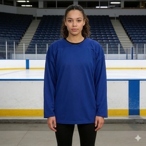 Maillot de hockey sur glace bleu pour femme, manches longues, col rond, évacuation de l'humidité, 100 % polyester, coupe classique, vêtements pour adultes - Product Image 1