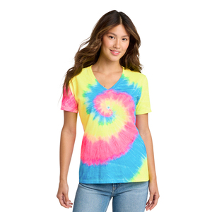 T-shirt décontracté d'été pour femme à col en V, tie-dye, manches courtes, coupe classique, en jersey 100 % coton, motif spirale bleu, rose, jaune - Product Image 6