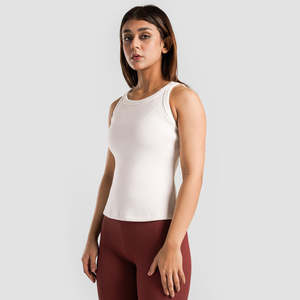 Women's <b>White</b> Ribbed O-Neck Sleeveless Tank <b>Top</b> Breathable Knitted Solid Outwear Style Regular Length - Product Image 3