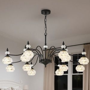 Lampadario a sospensione rotondo a 12 luci in cristallo nero vintage per sala da pranzo, soggiorno, camera da letto - Stile rustico - Product Image 1