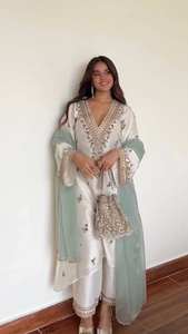 TENNECY Exclusivo para Eid y Diwali, Conjunto de 3 Piezas de Seda Romana, Pantalones Plazzo, Dupatta, Bordado con Lentejuelas, Sin Arrugas, Elástico, para Fiesta - Product Image 2