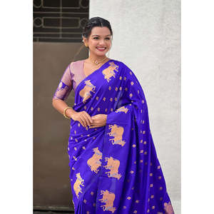 Sari de Noche Tejido de Seda Suave Violeta Elite Weaves con Doble Zari y Borde Nandi 700g - Product Image 5