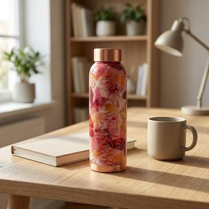 Bouteille d'eau isotherme en cuivre imprimé de qualité supérieure, motif floral, réutilisable, pour le bureau, la salle de sport, la décoration de la maison - Product Image 1