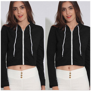 <b>Crop</b> <b>Hoodie</b> <b>Zip</b>-<b>Up</b> Regular Fit Solid Color French Terry Unisex Casual Autumn Wear - Product Image 6