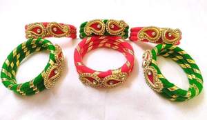 Handmade Silk Thread Bangle Set for Women Traditional Ethnic Bangles Pink and Green Designer Bangles Festive Jewelry - Product Image 3