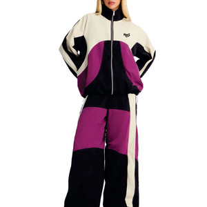 OEM Women's Color Block Tracksuit Set Lightweight Windbreaker <b>Jacket</b> Wide Leg Pants Custom Logo Streetwear Hoodies Manufacturer - Product Image 1