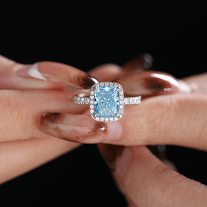 New Arrival Solid White Gold 2.5ct Blue Lab Grown <b>Diamond</b> <b>Ring</b> Radiant Cut Halo Engagement <b>Ring</b> with U Shape Pave <b>Diamond</b> Band - Product Image 1