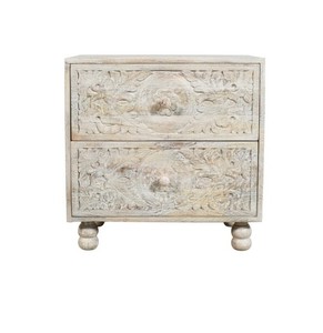 Mesa de Noche Vintage de Madera Tallada a Mano con Dos Cajones, Diseño Floral, Gabinete de Almacenamiento para Dormitorio o Sala de Estar - Product Image 1