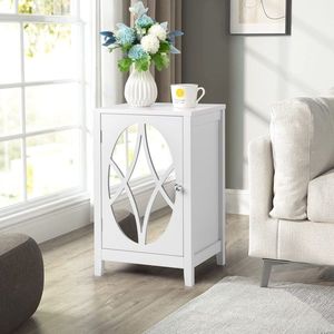 "White Carved Single Door <b>Bedside</b> <b>Table</b> with Smoked <b>Mirror</b> 38x33x60cm Density Board Spray Paint Finish" - Product Image 2