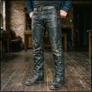Pantalones de cuero negro desgastado para hombre con cordones laterales, estilo motociclista, vaquero, pantalones de cuero resistentes para montar. - Product Image 1