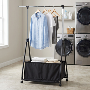 Organisateur de vêtements portable avec panier de rangement, porte-vêtements en métal pour chambre à coucher, design minimaliste, support pliable - Product Image 1