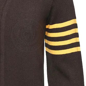 Cardigan en acrylique marron tricoté à col en V avec rayures jaunes sur les manches, pull unisexe coupe classique pour l'école et le collège - Product Image 6