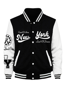 แจ็คเก็ตวาร์ซิตี้นิวยอร์กสำหรับผู้ชาย สีดำ-เทา แขนเสื้อแบบลำลอง ปกคอพับ ติดกระดุม ใส่ได้ในฤดูใบไม้ร่วง ลายพิมพ์ตัวอักษร - Product Image 2
