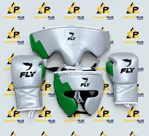 Último Diseño Profesional: Set de Guantes de Boxeo de Cuero Fly con Protector de Cabeza e Ingle, Transpirable y Duradero, Verde y Plateado - Product Image 1