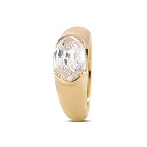 2.5ct Oval <b>Step</b> Cut Lab Grown Diamond Ring 14K Yellow Gold <b>Half</b> Bezel Set Engagement Ring Tapered Wide Band Lab Created Diamond - Product Image 5