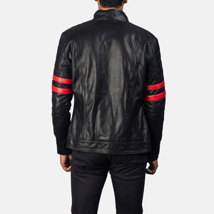 <b>Men</b> <b>Black</b> Genuine Leather Motorcycle Biker Jacket with Red Arm Stripe Stand Collar Slim Fit Fashion Riding Jacket OEM Service - Product Image 5