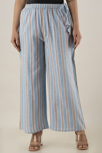 Light Blue Khadi Cotton Yarn Dyed Striped Wide Leg Palazzo Pants Women Casual <b>Summer</b> <b>Trousers</b> with Drawstring - Product Image 3
