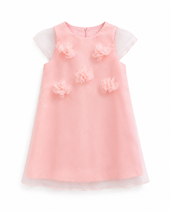 Girls Pink Organza A-Line Dress With <b>Flower</b> Applique Cap Sleeve <b>Sweet</b> Style O-Neck Spring - Product Image 1