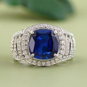 Cushion Cut Blue Sapphire CZ <b>Ring</b> 14K White <b>Gold</b> Pave Halo Lab Diamond Accents Wide Band Statement Anniversary <b>Cocktail</b> Jewelry - Product Image 1