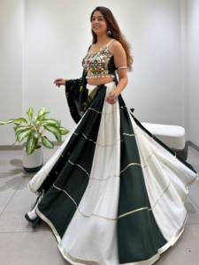 Women Traditional Indian Pakistani <b>Lengha</b> Choli Set Cotton Vintage <b>White</b> Green Embroidered Blouse Floor-Length Wedding Wear - Product Image 5