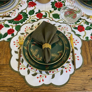 Embroidered Holy Christmas Design Round <b>Placemat</b>& Napkin Set Green Scallop Border White Cotton Mats for Home Restaurants Events - Product Image 1