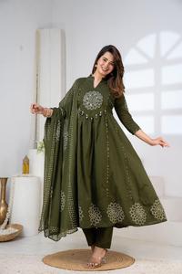Olive Green Anarkali <b>Kurta</b> Set for <b>Women</b> Embroidered Ethnic Wear with Palazzo Pants Festive Wedding Party Outfit - Product Image 4