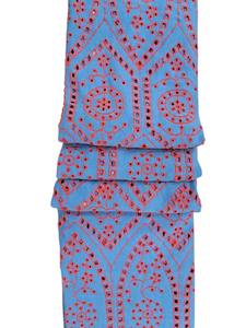 Tela de Punto Elástica de Primera Calidad, Color Azul, con Bordado y Recortes Rojos, Diseño Geométrico de Arco y Medallón, para Vestidos - Product Image 2