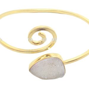 <b>White</b> Natural Druzy Gemstone <b>Gold</b> Plated Brass Handmade Adjustable Anniversary Gift for Her Fashionable Cuff <b>Bangle</b> <b>Bracelet</b> - Product Image 2
