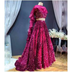 Lehenga Choli de Diseño Artesanal con Corte en A para Fiestas, con Bordado de Lentejuelas en Toda la Prenda y Cintura Impero - Product Image 6