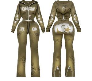 Conjunto de Sudadera con Capucha y Pantalones Acampanados de Moda para Mujer, con Lavado Ácido Personalizado, Manga Larga, Chaqueta con Cremallera y Pantalones Acampanados, Conjunto de Dos Piezas para Descansar - Product Image 5