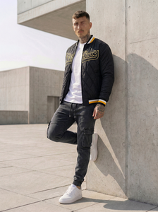 Men's Hooded <b>Quilted</b> Jacket With Patch Design Windproof Casual Autumn Wear Slim Fit Polyester Wadding Zipper Closure - Product Image 3