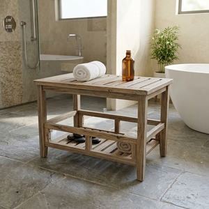 Tabouret en teck léger fait main Ananta avec assise à lattes, banc rustique moderne, meuble portable pour salle de bain et salon, vente en gros - Product Image 2