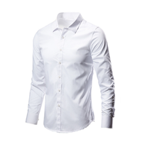 Kemeja Kasual Slim Fit Lengan Panjang Warna Solid Kancing Depan Poliester Katun Custom OEM Premium Kemeja Pria